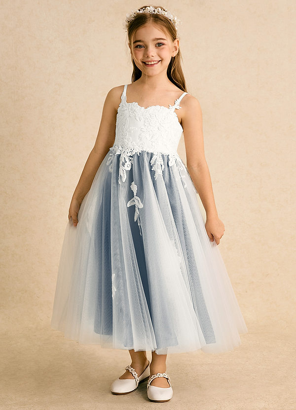 Azazie Coraline Bloemenmeisjes Jurken A-Lijn Jurk van Kant Ivoor Schemering image1