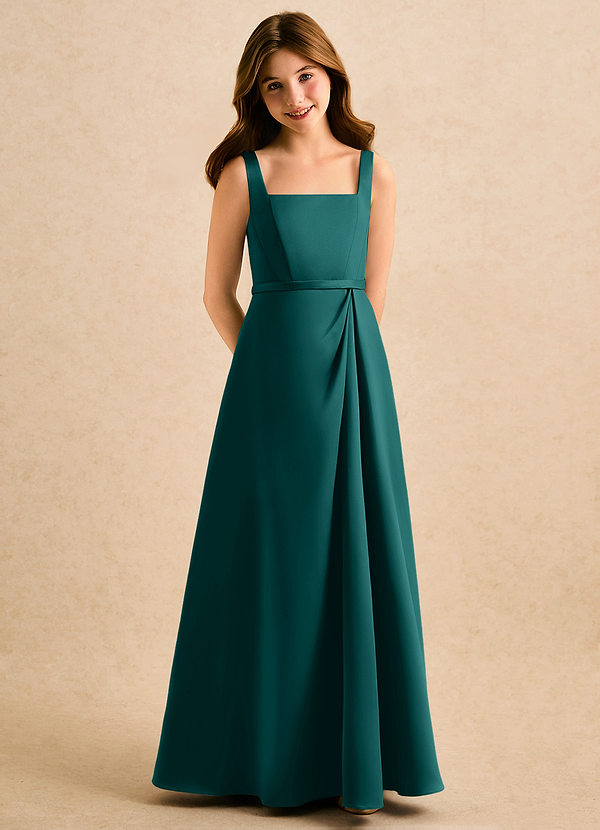 Azazie Emiko Girls Formal Abiti da Damigella Bambina Abito A-Line in Raso Opaco Plissettato Verde Pavone image1