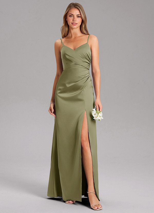 Azazie Azuree Robes Demoiselle d'honneur Robe Trapèze en Satin extensible Plissée Pistache image1