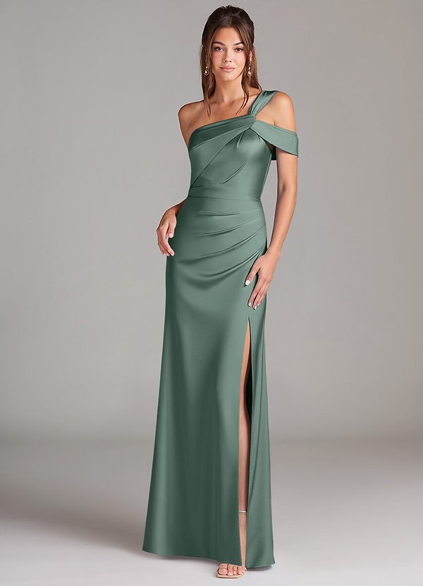 Azazie Wynter Bridesmaid Dresses Eucalyptus Sheath Off the Shoulder Stretch Satin Dress image1