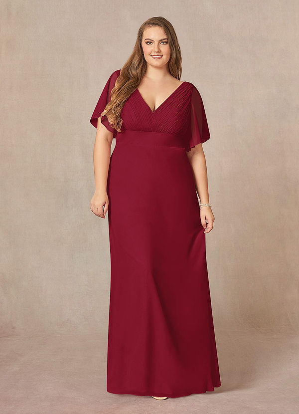 Azazie Alessa Robe Mère de la Mariée & du Marié Robe Trapèze en Mousseline de soie Col V plissé Bourgogne image1