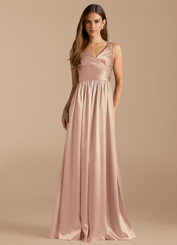 Azazie Keyla Bridesmaid Dresses English Rose A-Line Pleated Metallic Satin Dress image1