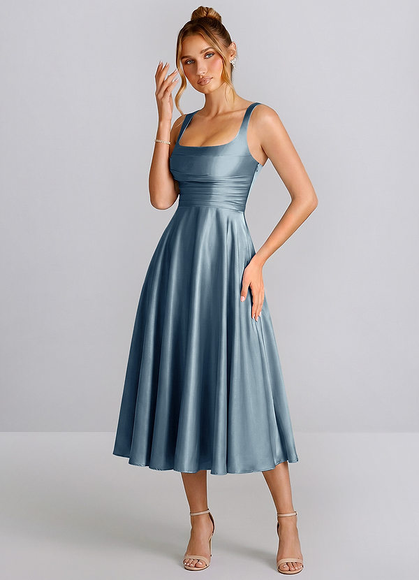 Ines Azul Polvoriento Vestido midi de satén con escote cuadrado y cordones, corte en A image1