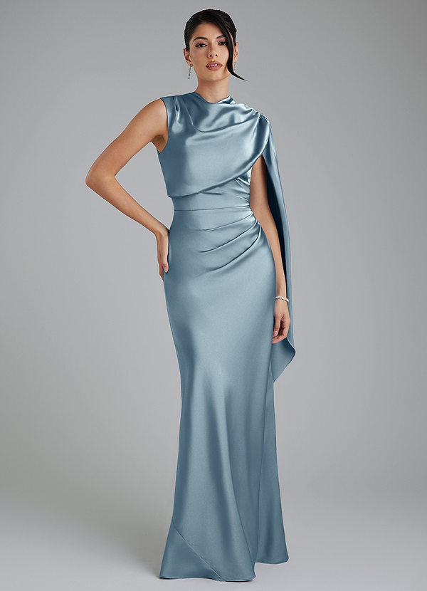 Azazie Taj Bridesmaid Dresses Dusty Blue Mermaid Corset Stretch Satin Dress image1