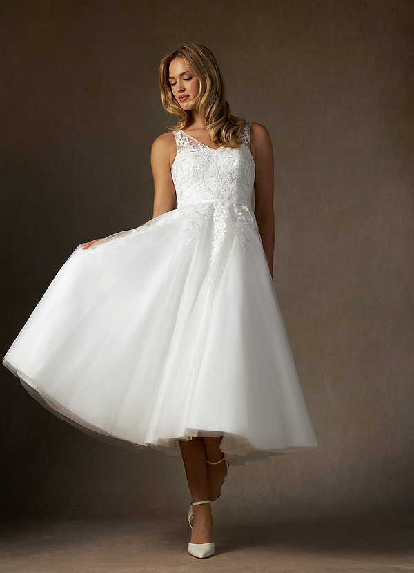 Azazie Dolores Abiti da Sposa Abito A-Line in Raso con Scollo a V in Pizzo Bianco Diamante image1