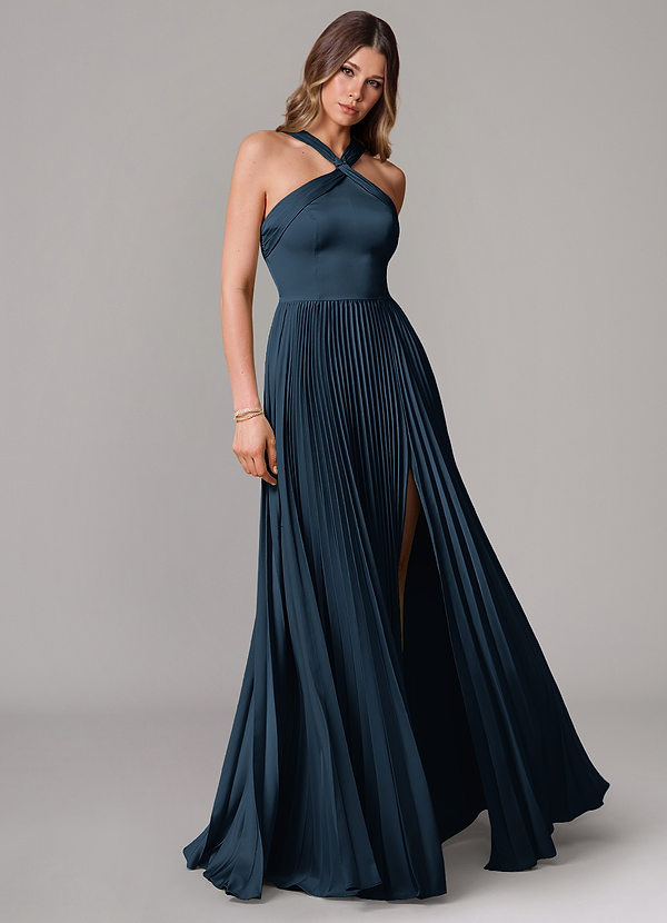 Azazie Afra Vestidos de dama de honor Vestido Azul Marino Oscuro de Satén Elástico de Línea A con Plisado image1