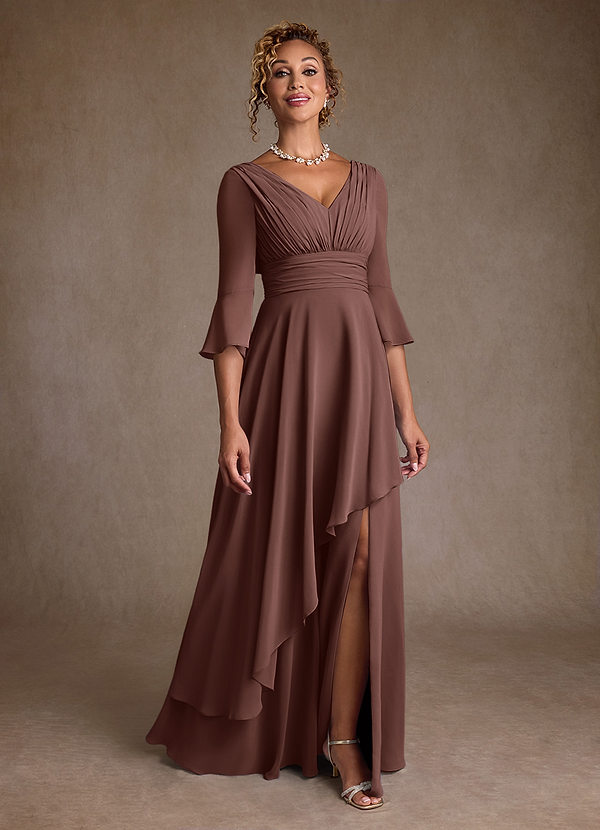 Azazie Eire Robe Mère de la Mariée & du Marié Robe Trapèze en Mousseline de soie Plissée Expresso image1