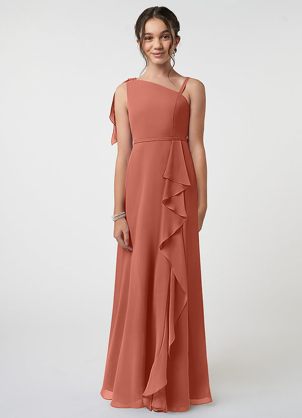Azazie Aidy Junior Clay A-Line Bow Chiffon Dress image1