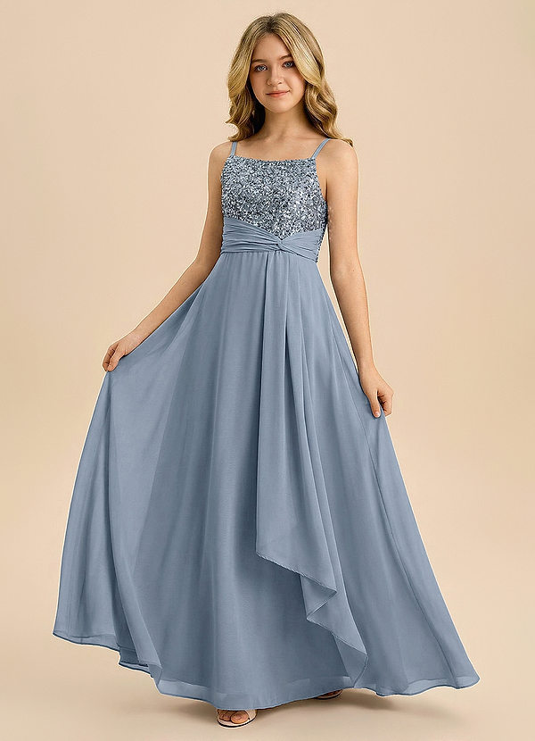 Azazie Sienna Junior Formal Linia A Zroszony Szyfon Długość podłogi Młodsza druhna Sukienka image1