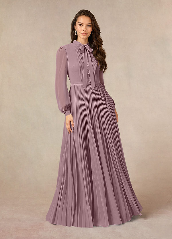 A-line Short Sleeves Lace Top Pleated Chiffon Dress Dusty Rose