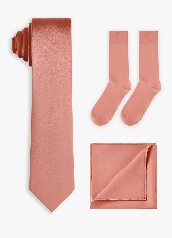 front Set coordinato di cravatta sottile in raso elasticizzato, fazzoletto da taschino e calzini