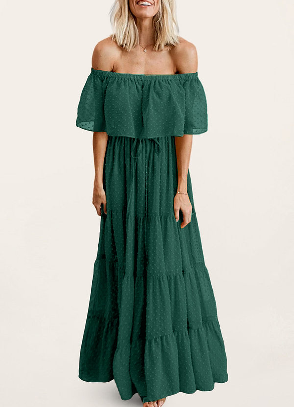 back Chatom Dark Emerald Swiss Dot Off-The-Shoulder Tiered Maxi Dress