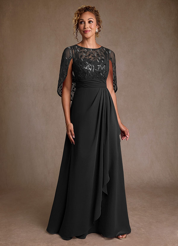Azazie Beckley Vestidos de Madre de la Novia Vestido de Negro de Gasa de Corte en A con Encaje image1