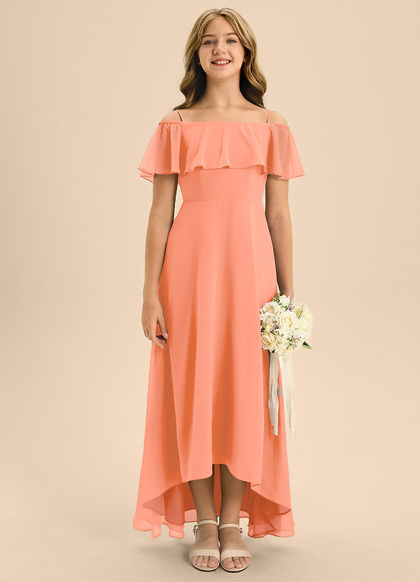 Azazie Maggie Junior A-Linie Schulterfrei Chiffon Kleid Sonnenuntergang image1