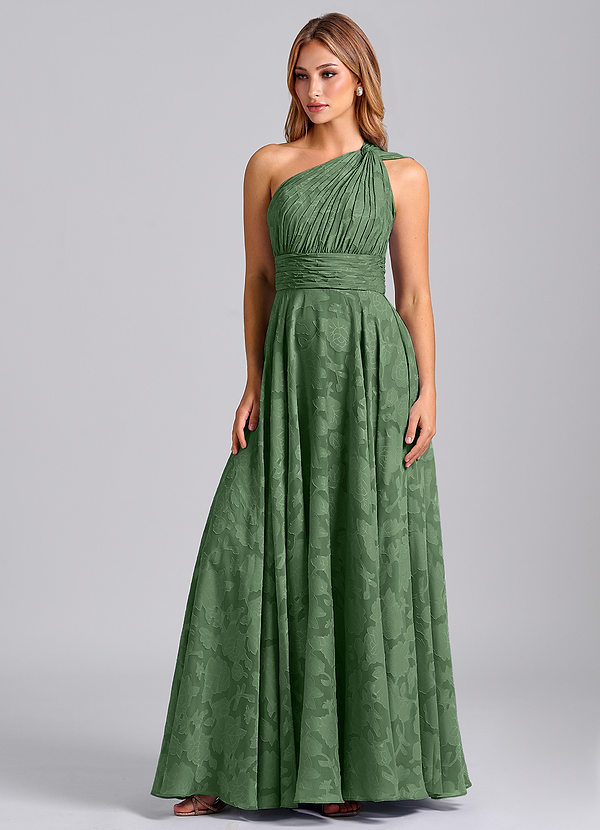 Azazie Charlize Bridesmaid Dresses Eucalyptus A-Line One Shoulder Floral Burnout Dress image1