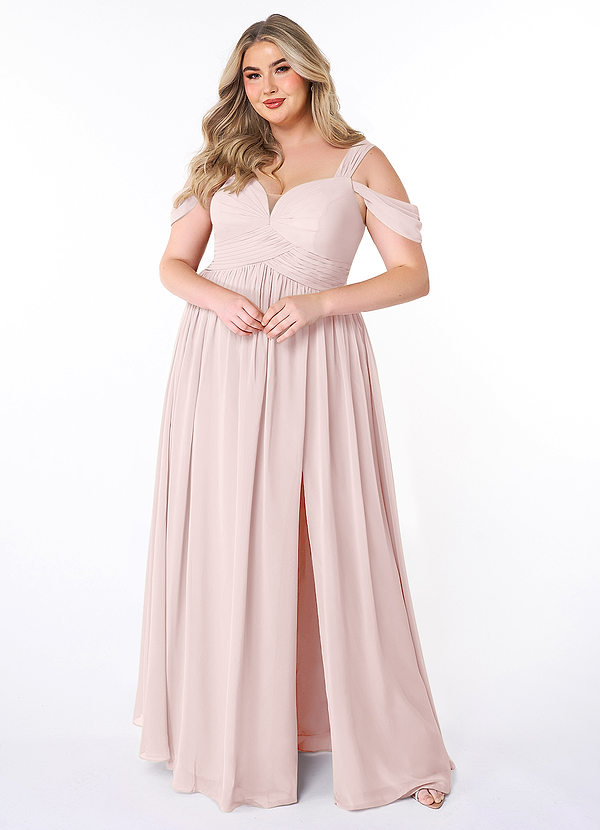 Azazie Lianne Bridesmaid Dresses Blushing Pink A-Line Off the Shoulder Chiffon Dress image1
