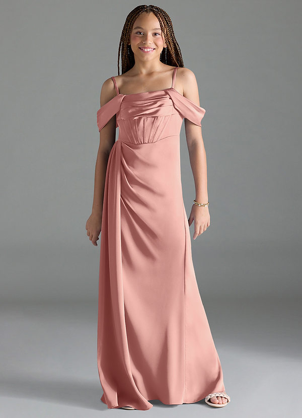 Azazie Amyra Junior Rosette Sheath Off the Shoulder Stretch Satin Dress image1