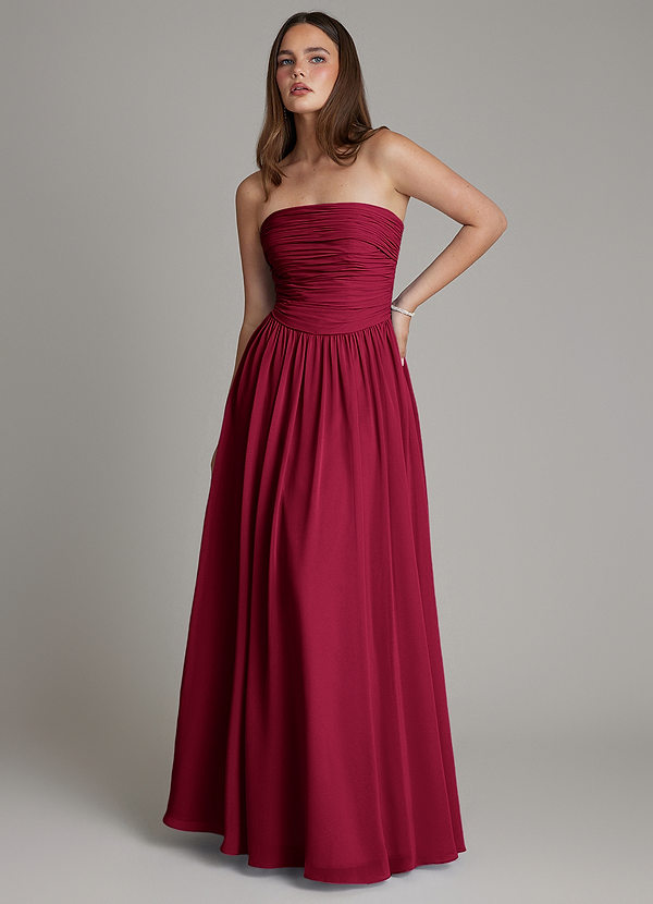 Azazie Andreina Vestidos de dama de honor Vestido Borgoña de Gasa de Línea A con Plisado image1