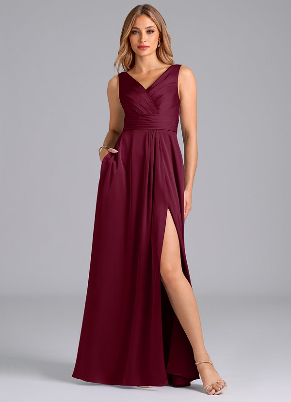 Azazie Karina Bridesmaid Dresses Mulberry A-Line Pleated Stretch Satin Dress image1