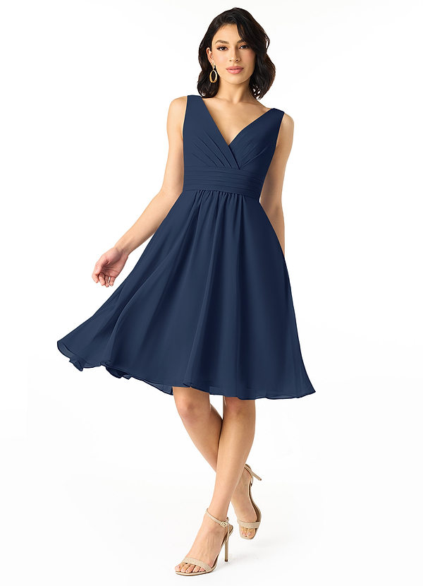 Cicinia Dark Navy Bridesmaid Dresses Short A-line V-neck Flutter Sleeves Knee Length Chiffon Dress