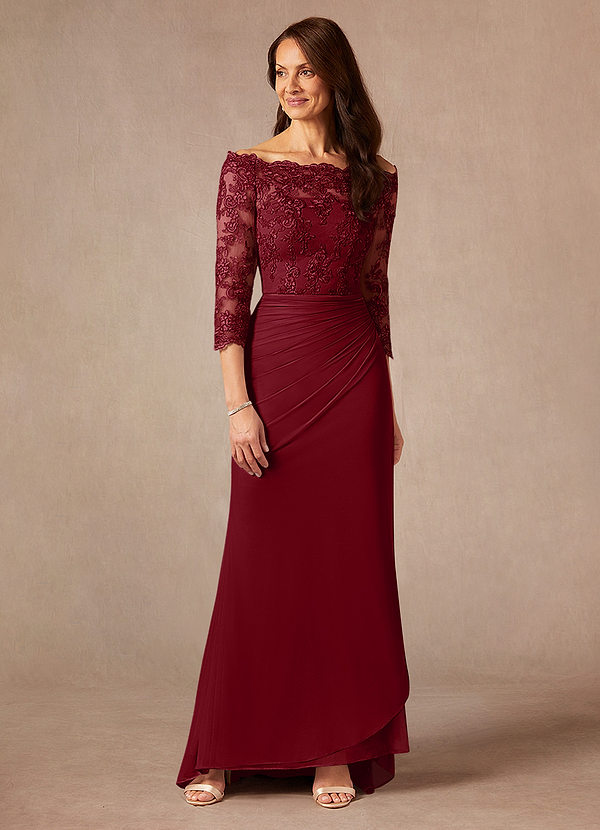 Azazie Rhonda Mother of the Brides Dresses Burgundy Mermaid Off the Shoulder Mesh Dress image1