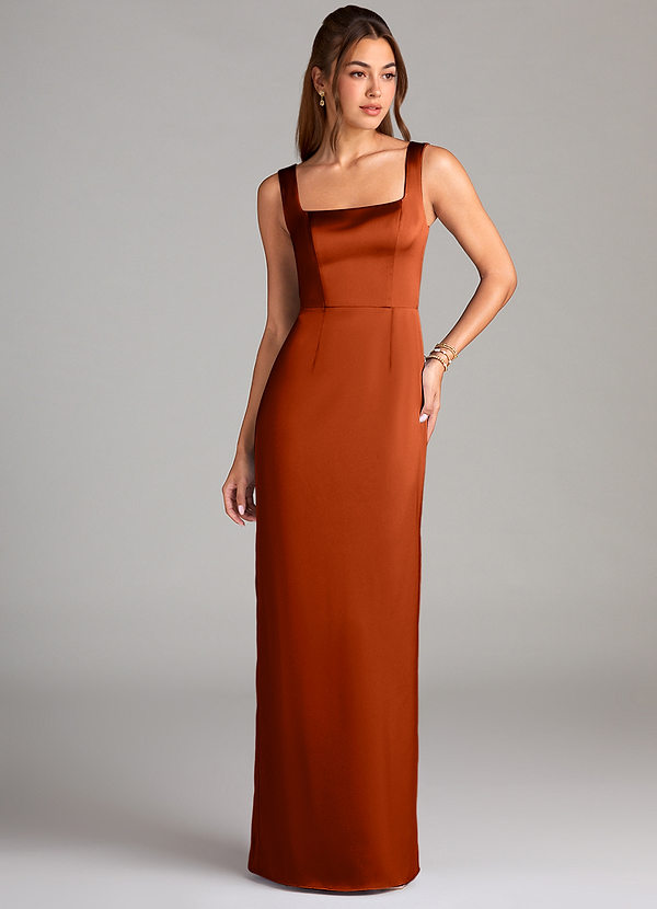 Azazie Flori Bridesmaid Dresses Paprika Sheath Side Slit Stretch Satin Dress image1