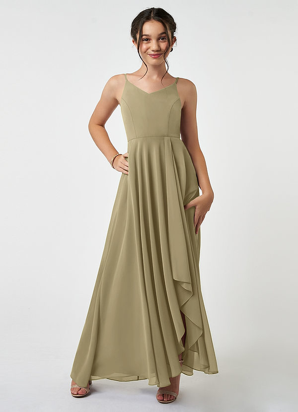Azazie Collette Junior Moss Green A-Line Ruched Chiffon Dress image1