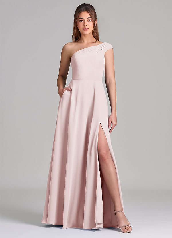 Azazie Melanie 신부 들러리 드레스 A라인 오프 더 숄더 쉬폰 바닥 길이 드레스 image1