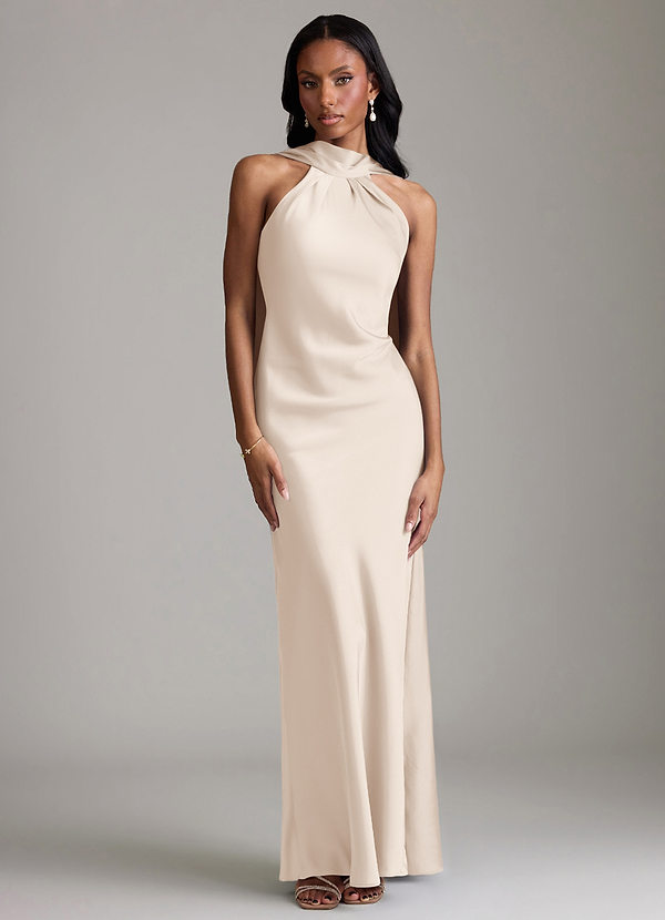 Azazie Cassiana Bruidsmeisjes Jurken Jurk van Stretch Satijn met Zeemeermin Geplooid Wit Albast image1