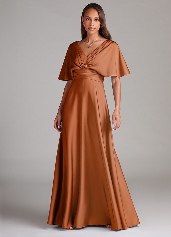 Azazie Pamela Robes Demoiselle d'honneur Robe Trapèze en Satin extensible Plissée Cuivre image1