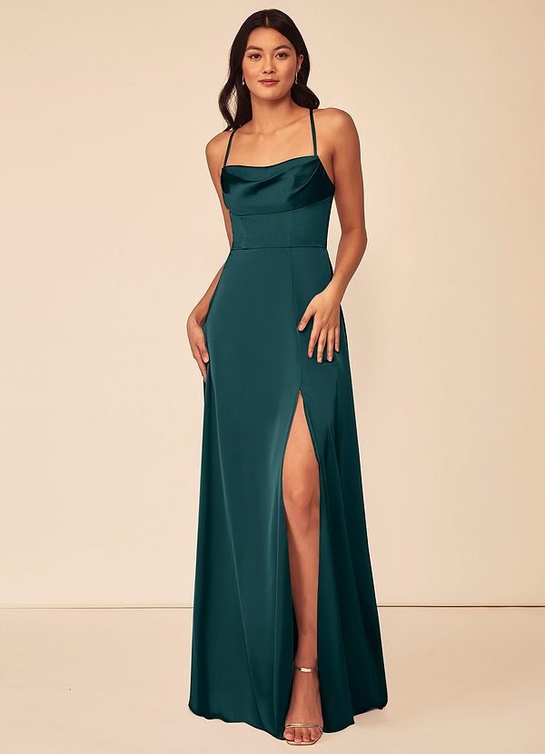Azazie Clove Bridesmaid Dresses A-Line Side Slit Stretch Satin Floor-Length Dress image1