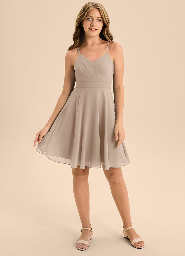 Azazie Avelina Junior Taupe A-Line Pleated Chiffon Dress image1