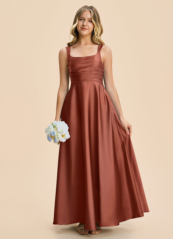 Azazie Azaria Junior Auburn A-Line Pleated Stretch Satin Dress image1