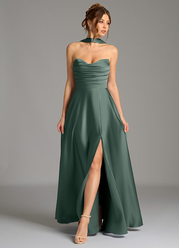 Azazie Ayla Bridesmaid Dresses Sea Moss A-Line Corset Stretch Satin Dress image1