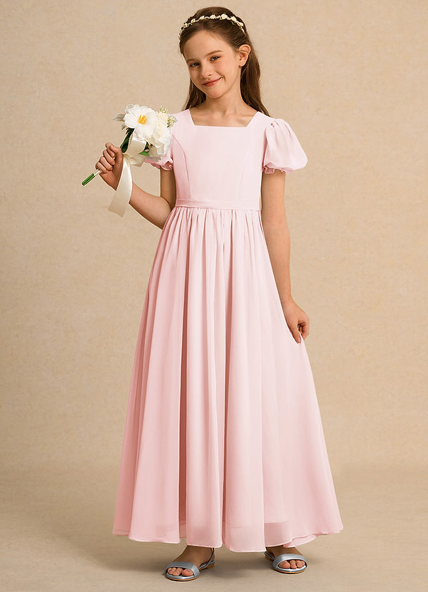 Azazie Lilia Girl Flower Girl Dresses Blushing Pink A-Line with Sleeves Chiffon Dress image1