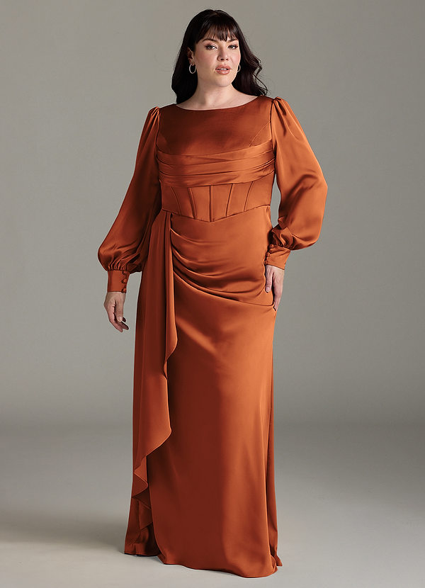 Azazie Raye Bridesmaid Dresses Cinnamon Mermaid Long Sleeve Stretch Satin Dress image1