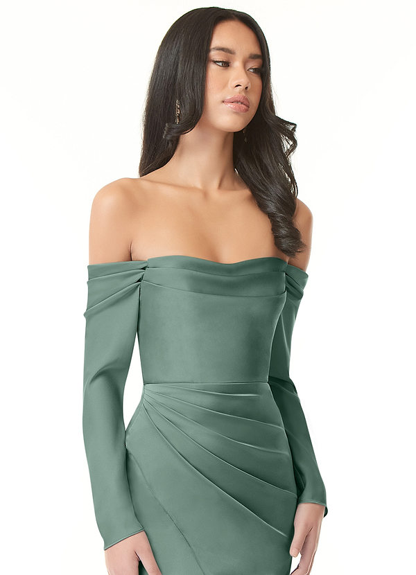 Azazie Hallie Bridesmaid Dresses Eucalyptus Sheath Off-The-Shoulder Long Sleeve Stretch Satin Convertible Dress image1