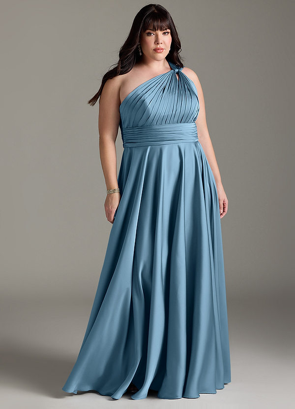 Azazie Charlize Robes Demoiselle d'honneur Robe Trapèze en Satin extensible Ue épaule Acier Bleuté image1