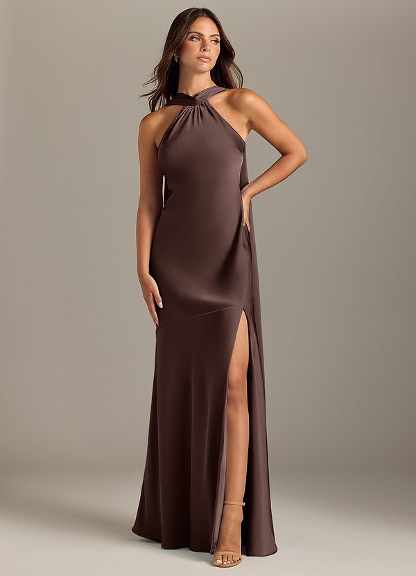 Azazie Kinsley Bridesmaid Dresses Ganache Mermaid Side Slit Stretch Satin Dress image1