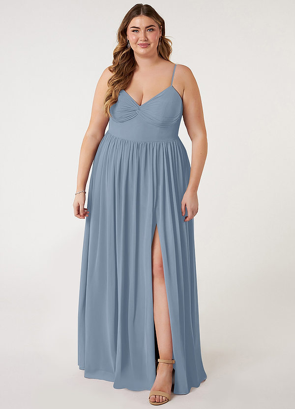 Azazie Zeya Bridesmaid Dresses Dusty Blue A-Line V-Neck Pleated Chiffon Dress image1