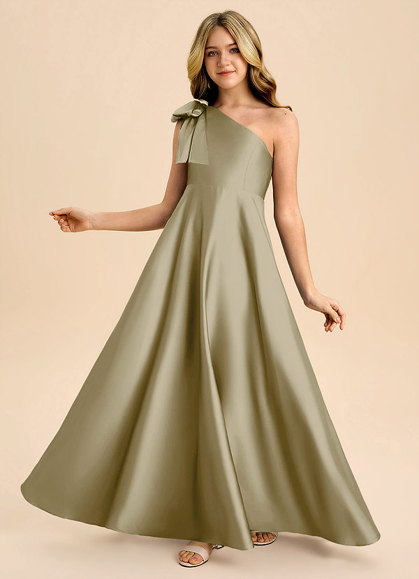 Azazie Penguin Junior Abito A-Line in Raso Elasticizzato Fiocco Verde Muschio image1