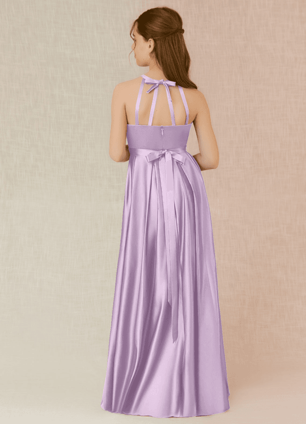 Azazie Arianthe Junior Frosted Lilac A-Line with Pockets Stretch Satin Dress image1