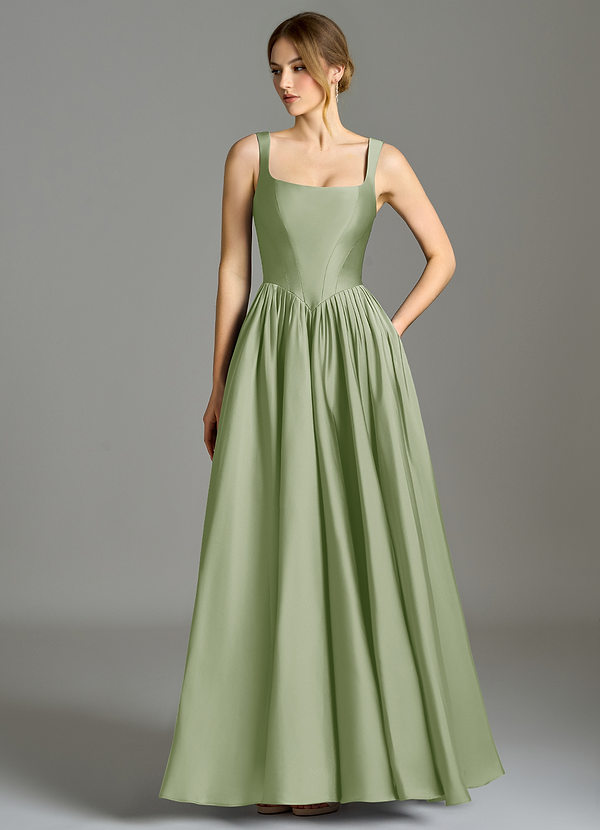 Azazie Verina Abiti da Damigella Abito A-Line in Raso Elasticizzato Plissettato Verde Salvia image1