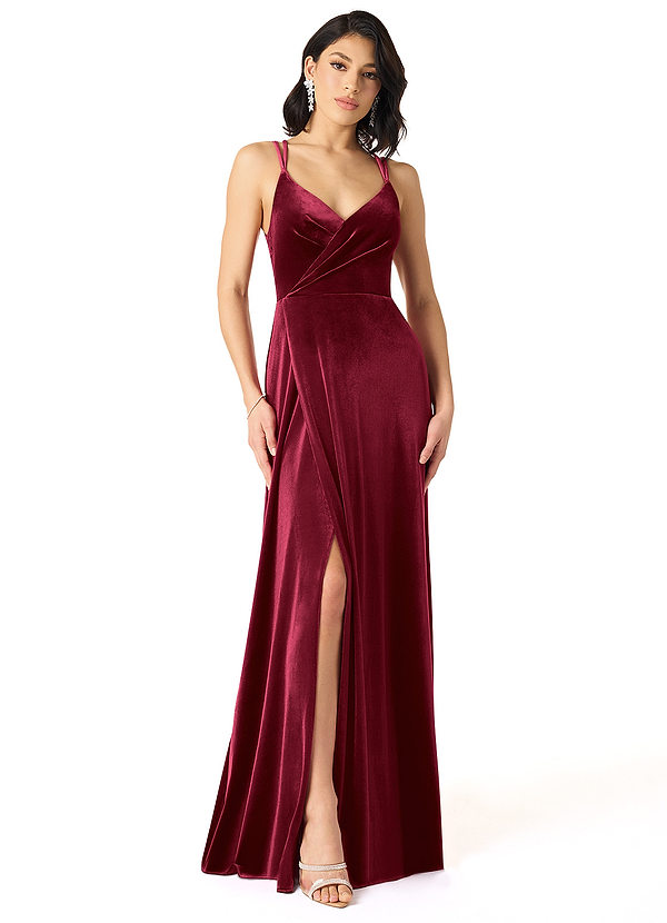 Azazie Hapa Bridesmaid Dresses Burgundy A-Line Lace Velvet Dress image1