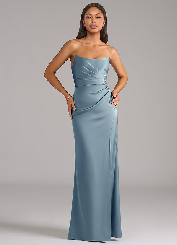 Azazie Marla Brudtärneklänningar Klä av Tubklänning i Stretch Satin Axelbandslös Dammblå Konvertibel image1