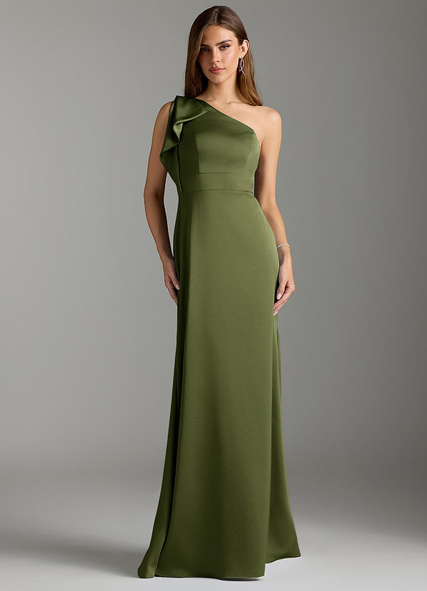 Azazie Rinna Bridesmaid Dresses Olive Mermaid Ruched Stretch Satin Dress image1