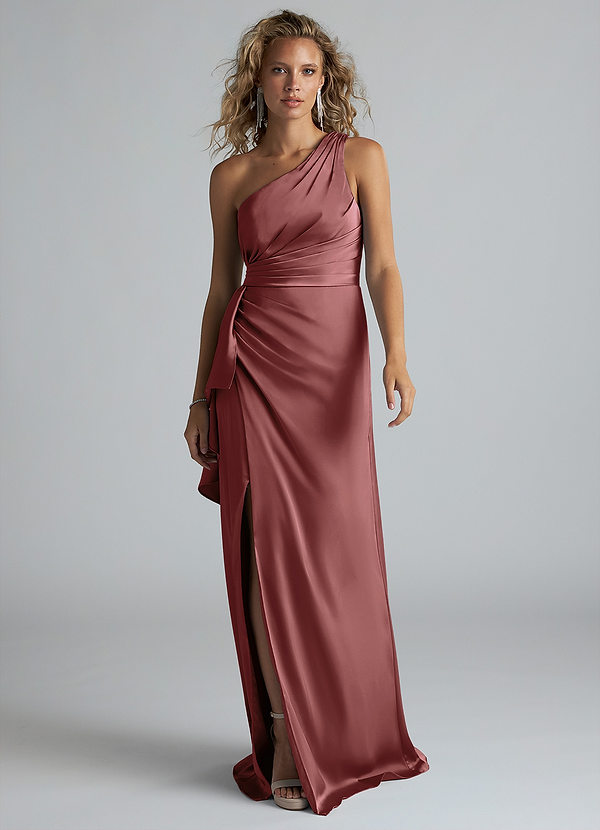 Azazie Maive Robes Demoiselle d'honneur Robe Fourreau en Satin extensible Rayé Améthyste image1
