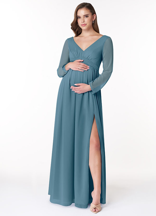 Azazie Teton Vestidos de dama de honor de maternidad Vestido de Corte En A Manga larga Hasta el suelo Gasa image1
