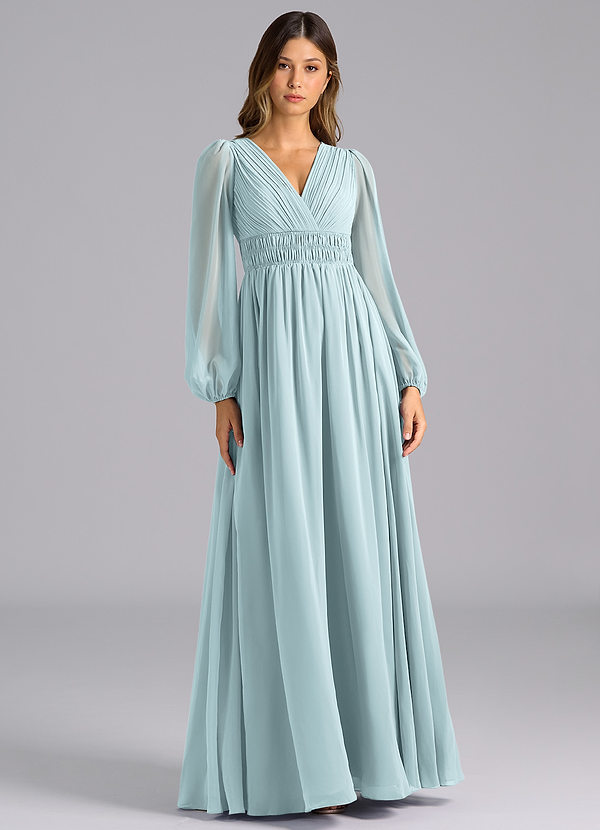 Azazie Palerma Brautjungfernkleider A-Linie Langarm Chiffon Kleid Nebel image1