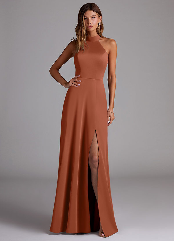 Azazie Myra Robes Demoiselle d'honneur Robe Trapèze en Satin extensible Fente Latérale Rose De Cèdre image1